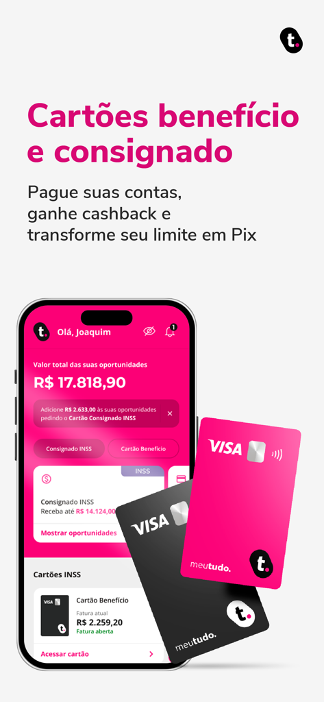 Smartphone mostrando a interface do aplicativo meutudo com opções de cartões de benefício e consignado, além de cartões físicos Visa.