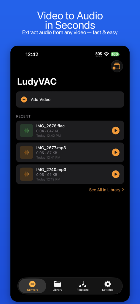 LudyVAC - Video to Audio - Écran d'accueil de l'application LudyVAC pour la conversion vidéo en audio, montrant les fichiers récemment convertis et le bouton Ajouter une vidéo