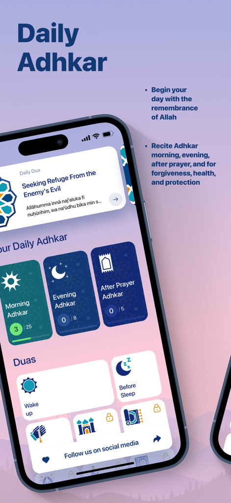 MyNoor: Adhkar, Dua, Azkar - Interfaz de la aplicación móvil que muestra las categorías de adhkar de la mañana y la tarde y las duas de oración diarias
