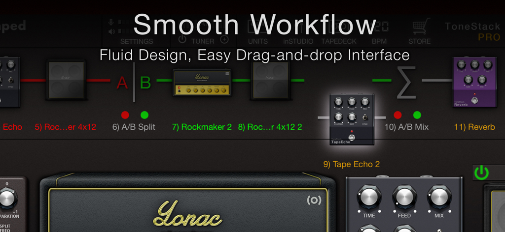 ToneStack PRO Guitar Amps & FX - Interfaz de cadena de señal de aplicación de amplificador y efectos de guitarra ToneStack PRO de arrastrar y soltar