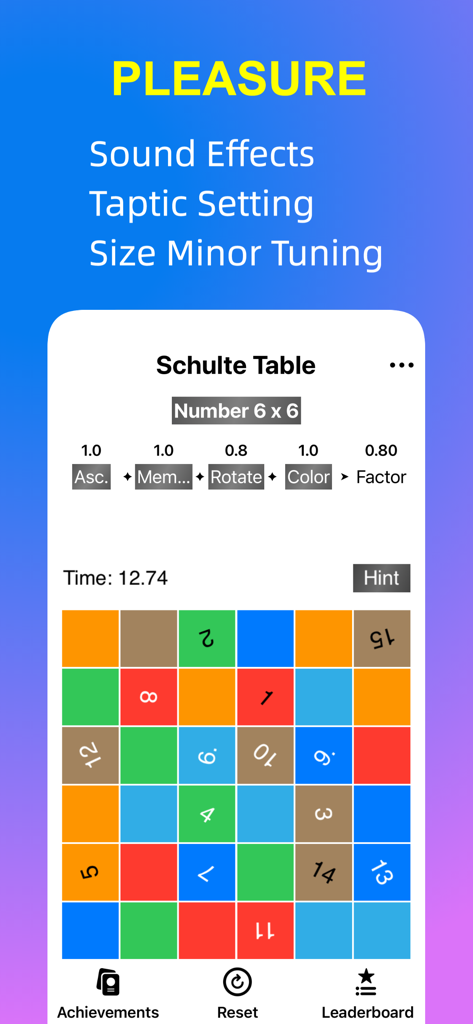 Schulte Table app interface showing a 6x6 grid with colorful squares and rotated numbers for focus training