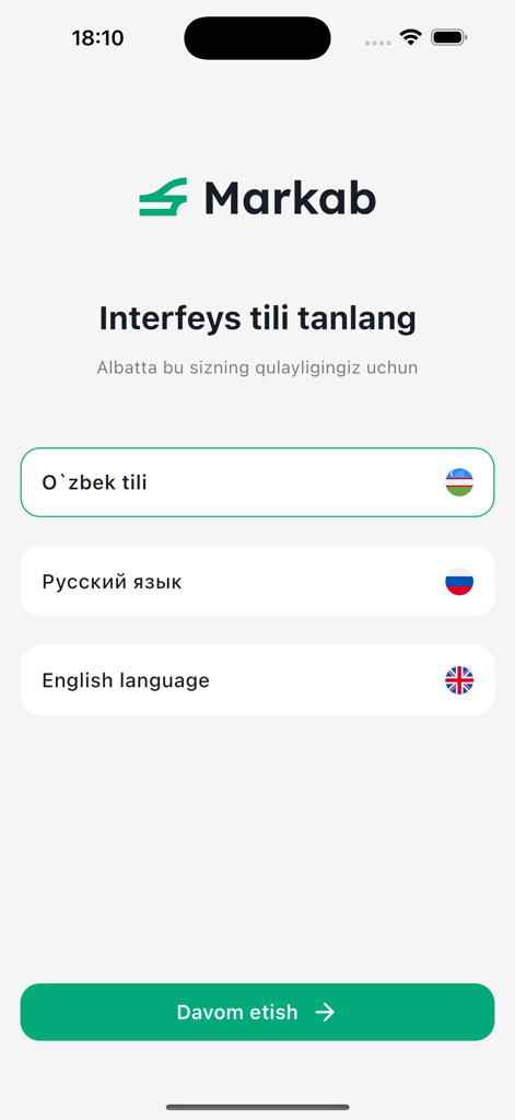 Markab - Markab app language selection screen with options for Uzbek Russian and English