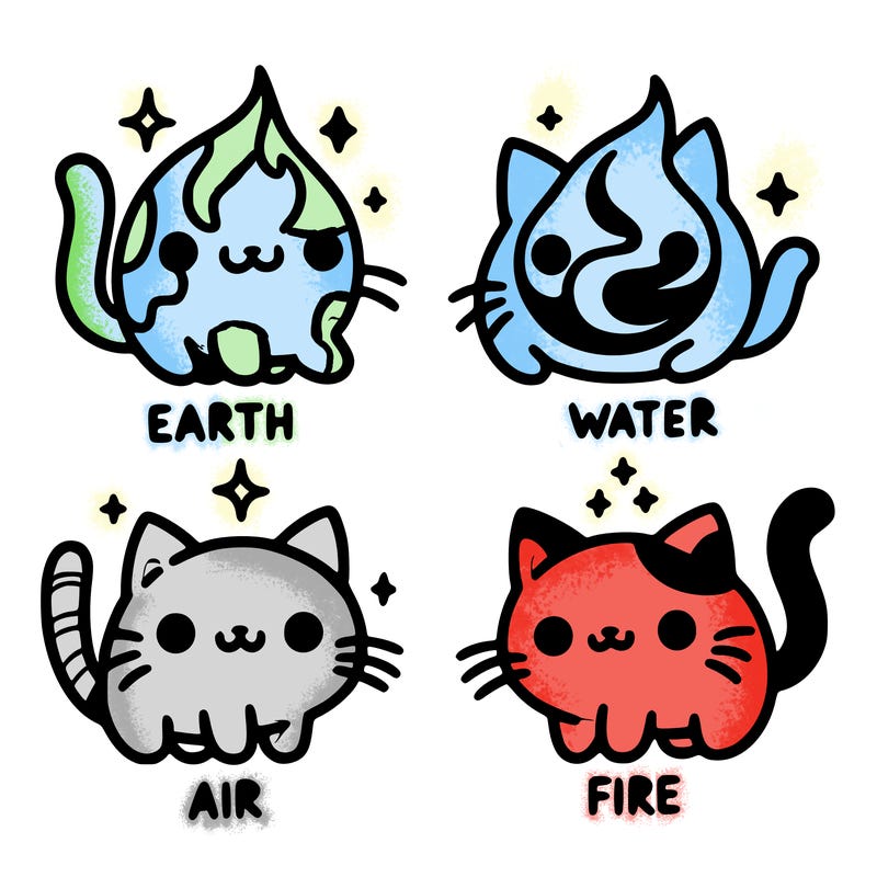 4 cats that represent the different elements, earth, water, air, and fire