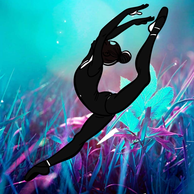 gymnast doing a leap in a leotard with a bent back leg