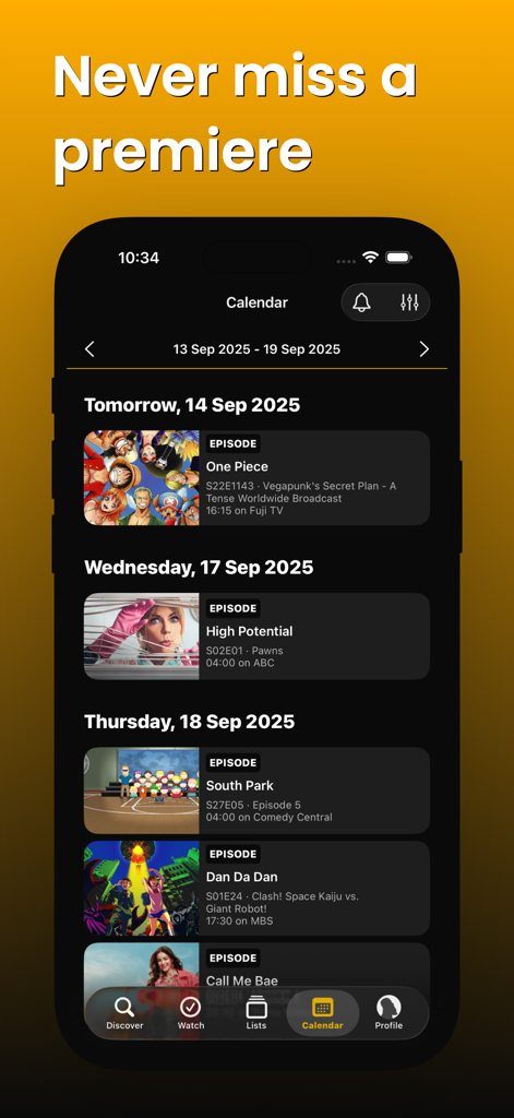 Sofa Time: TV Shows & Movies - Pantalla del calendario de la aplicación Sofa Time mostrando las fechas y títulos de los próximos episodios de series de TV.