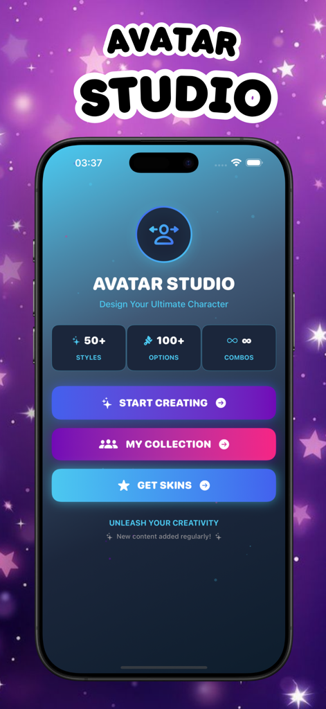 Avatar World Gacha Life Maker - Avatar Studio main menu screen showing options for starting creation, viewing collections, and getting skins.