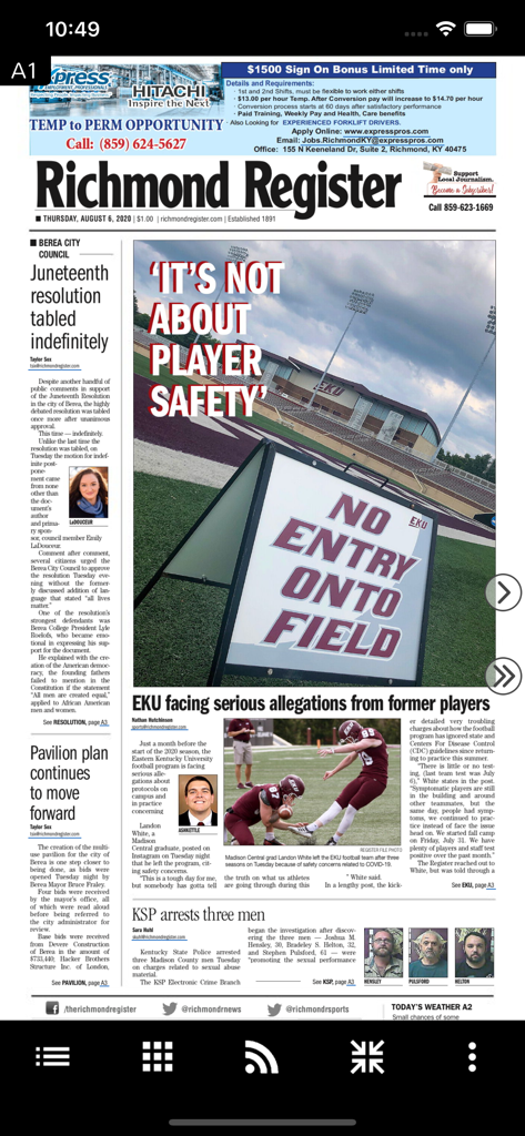 Richmond Register - A digital replica of the Richmond Register newspaper front page in the mobile app