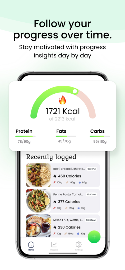 Ephyra - Calorie & Workout - Tableau de bord de l'application Ephyra montrant la progression de l'apport calorique quotidien, la répartition des macronutriments et un journal alimentaire avec des photos de repas