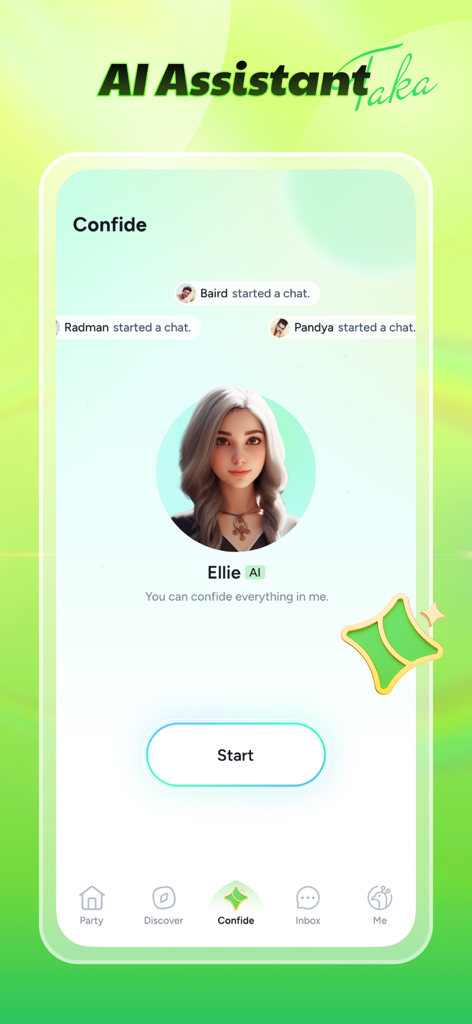 Tela do assistente de IA do aplicativo Taka com um personagem digital chamado Ellie e um botão Iniciar chat.