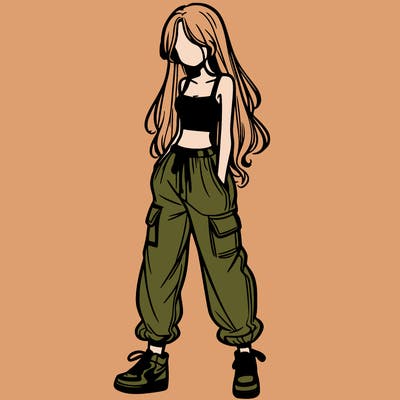 girl in baggy pants crop top and long hair