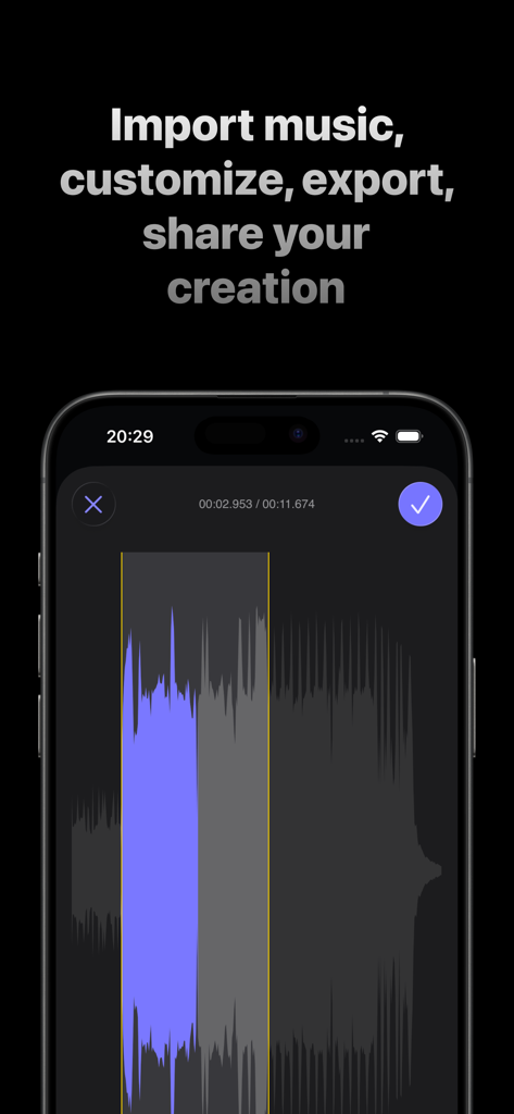 Vibely - Music Visualizer - Vibely app interface displaying an audio waveform for music visualization editing