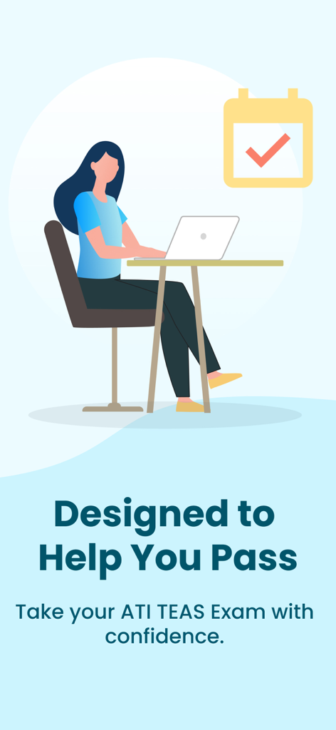 Una ilustración de un estudiante estudiando para el examen ATI TEAS con una computadora portátil y un icono de calendario que muestra una marca de verificación