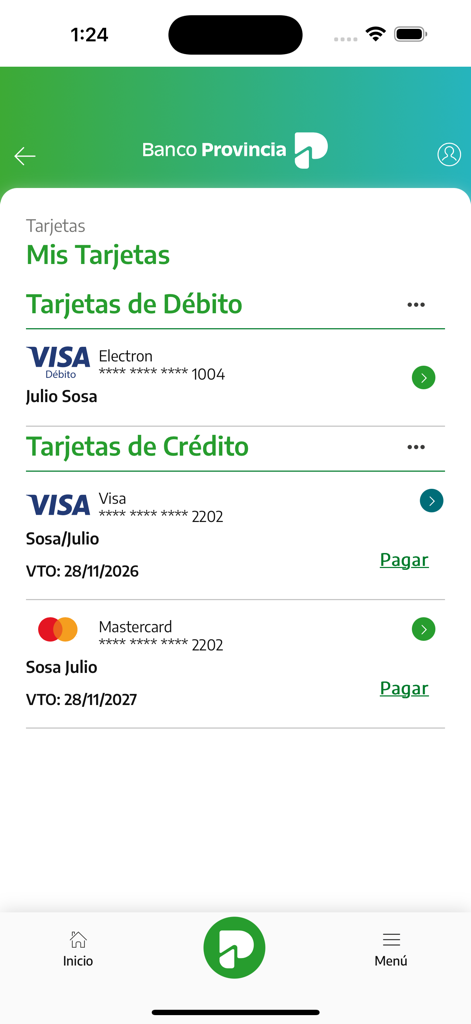 BIP Móvil - Captura de pantalla de la aplicación BIP Movil mostrando la sección Mis Tarjetas con tarjetas de débito y crédito.