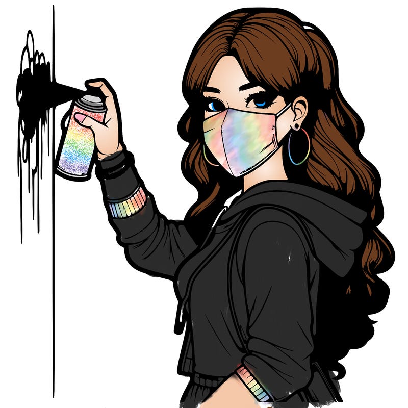 realistic girl with mask spray painting a wall