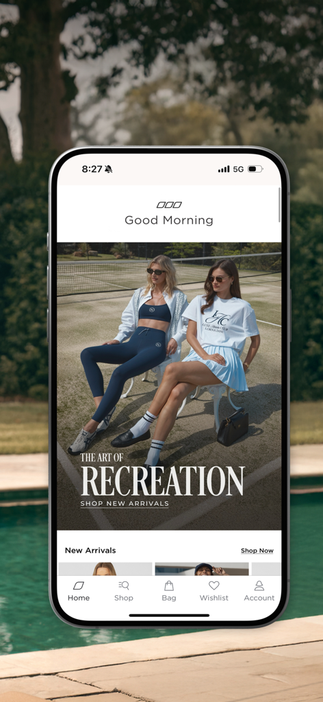 Lorna Jane app home screen featuring women in activewear on a tennis court