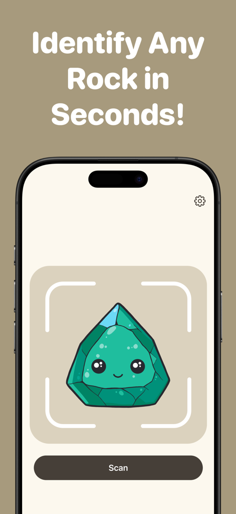 Stone Identifier by RockPic - Interfaz de la aplicación móvil para identificar rocas con un marco de escaneo y una gema verde