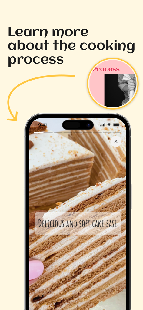 Close up view of a layered cake and cooking process story in the Marys Bakery app