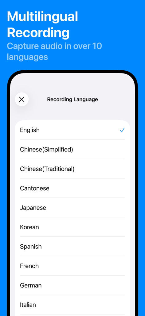 Écran de l'application Tablo affichant une liste des langues prises en charge pour l'enregistrement et la transcription multilingues.