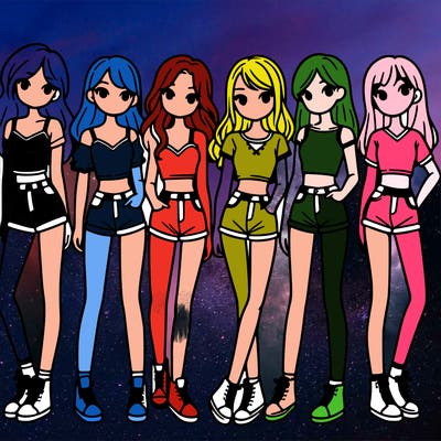 a group of girls wearing crop tops and shorts