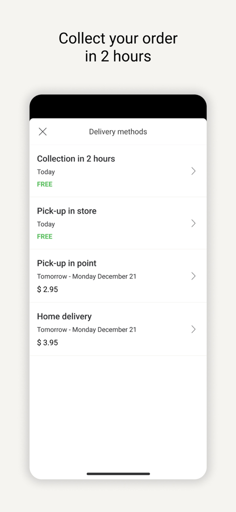 Schermata dell'app OYSHO che visualizza le opzioni di consegna e ritiro, inclusi il ritiro in 2 ore e la consegna a domicilio
