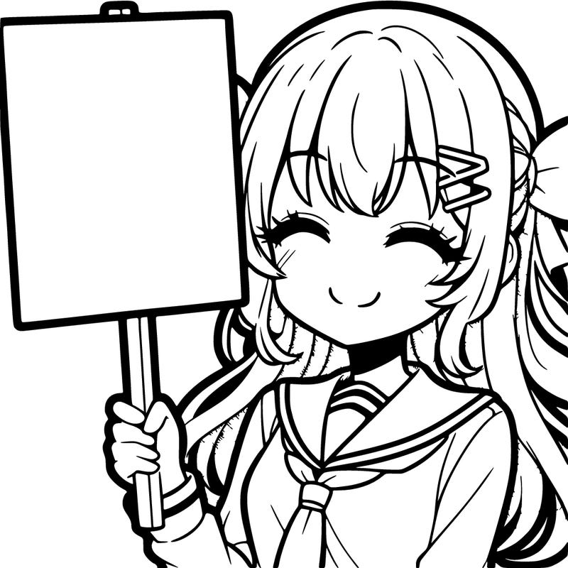 a cute anime girl holding a sign smiling with her eyes closed