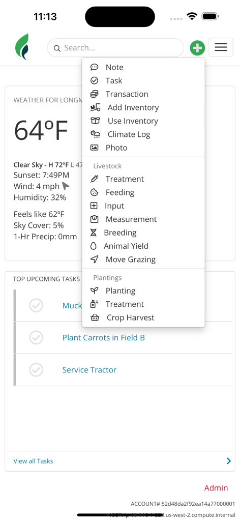 Farmbrite mobile app dashboard showing weather information upcoming tasks and a quick action menu for livestock and crop management