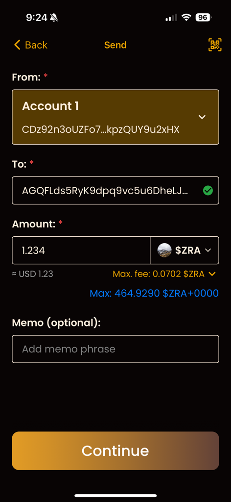 A screenshot of the ZPay app send screen showing fields for account addresses amount in ZRA and a continue button