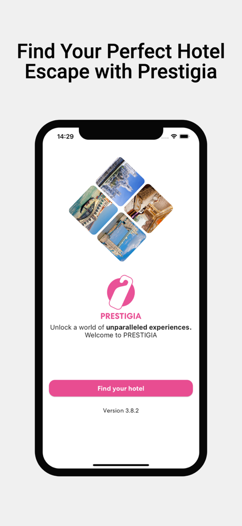 Pantalla de inicio de la aplicación de reserva de hoteles de lujo Prestigia con el botón de buscar hotel