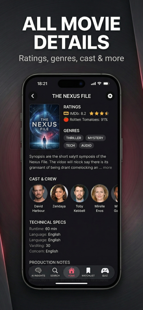 Super cine : Movies & TV Shows - Interface do aplicativo Super cine mostrando detalhes do filme, incluindo avaliações, gêneros e informações do elenco