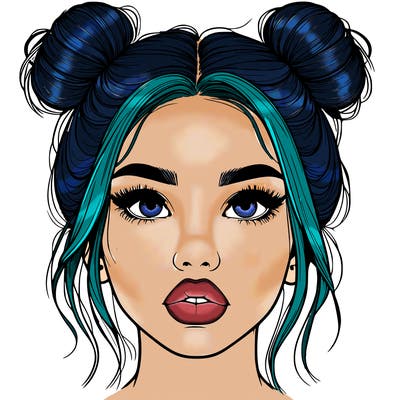 realistic girl with two buns on her hair and lips
