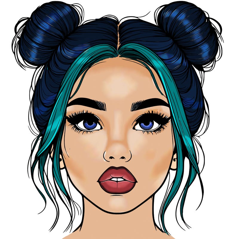 realistic girl with two buns on her hair and lips