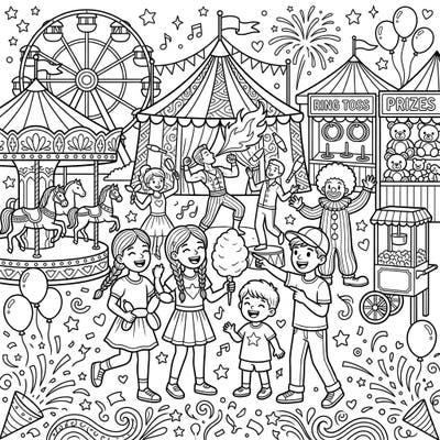 Step right up for a coloring journey into a world of excitement and laughter! This vibrant page captures the essence of a lively carnival, teeming with happy children and classic attractions.