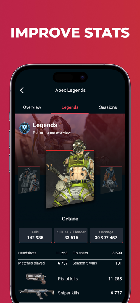 Plink app screen showing Apex Legends player statistics and performance overview