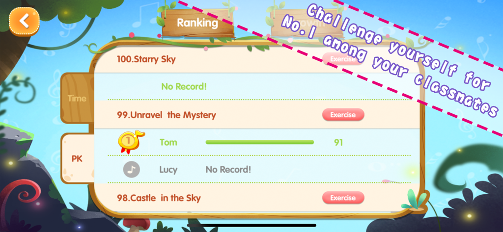 Ranglisten-Bildschirm der The ONE Piano Sparring App, der Schülerplatzierungen und Punkte für Klavierübungs-Herausforderungen zeigt.