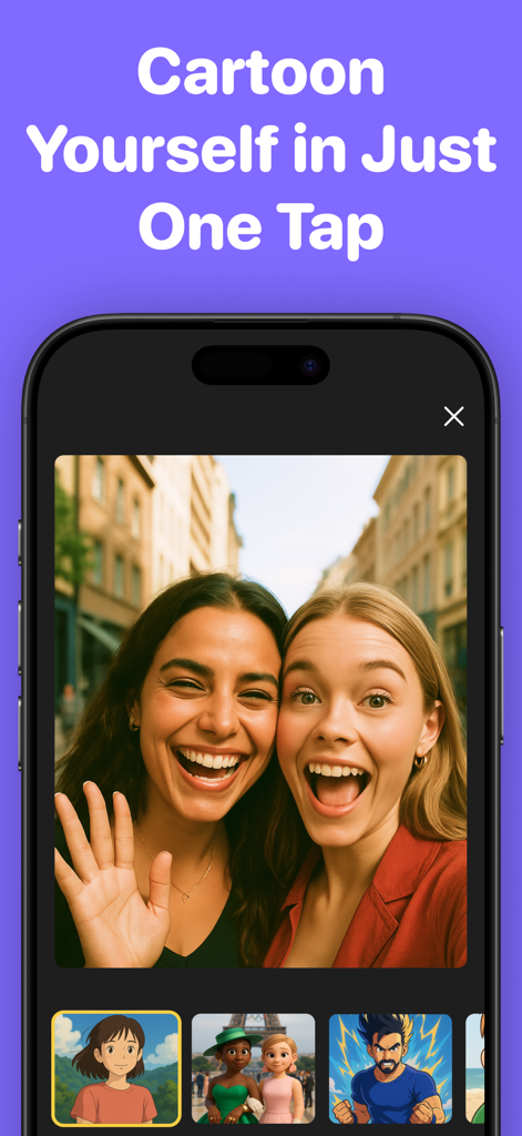 Cartoon Yourself: CartoonPic - Pantalla de la aplicación Cartoon Yourself CartoonPic mostrando filtros de caricatura de un toque para una selfie de dos amigos