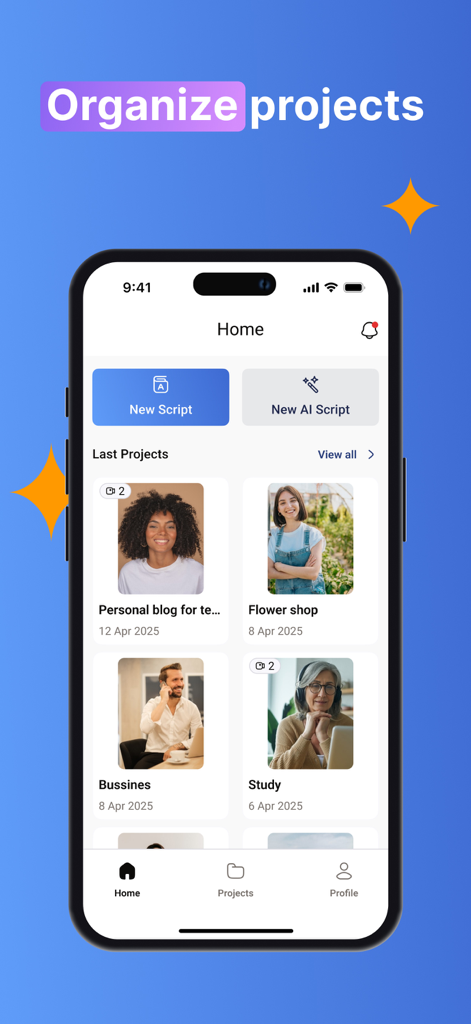 Teleprompter For Video - Pro - Home screen of the Teleprompter For Video Pro app showing project organization with options for new scripts and AI scripts.