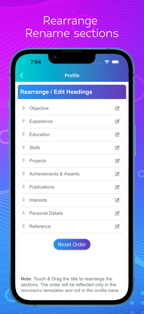 A mobile app interface showing a list of resume sections like Experience and Education with options to drag to rearrange or edit headings.