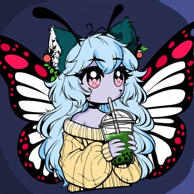 a realistic butterfly/furry girl drinking boba