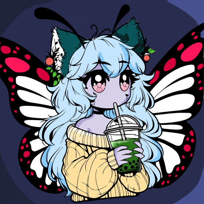 a realistic butterfly/furry girl drinking boba