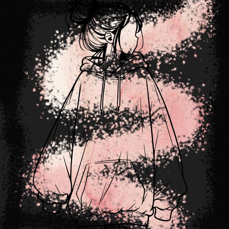 realistic girl with a oversized sweatshirt on and a bun