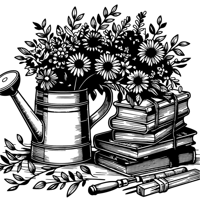 rustic books and watering can full of flowers realistic