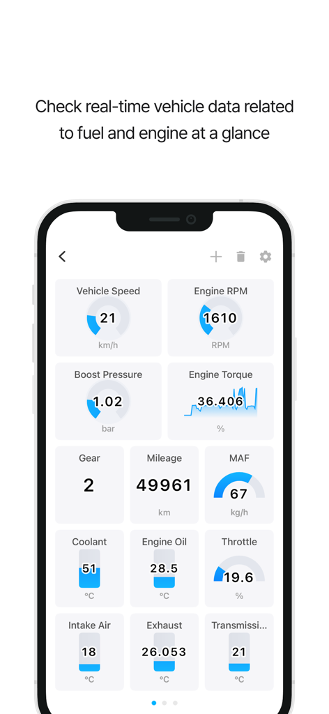 Dashboard dell'app Infocar che visualizza sensori del veicolo in tempo reale, inclusi RPM del motore e velocità