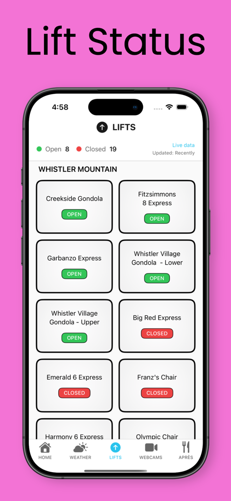 Gorby Gap app interface showing the live open and closed status of various lifts on Whistler Mountain