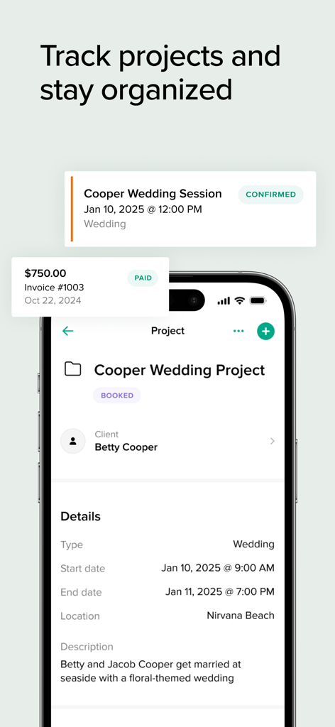 Pixieset – Studio Manager - Pixieset Studio Manager app interface showing wedding project details and payment tracking on a mobile phone