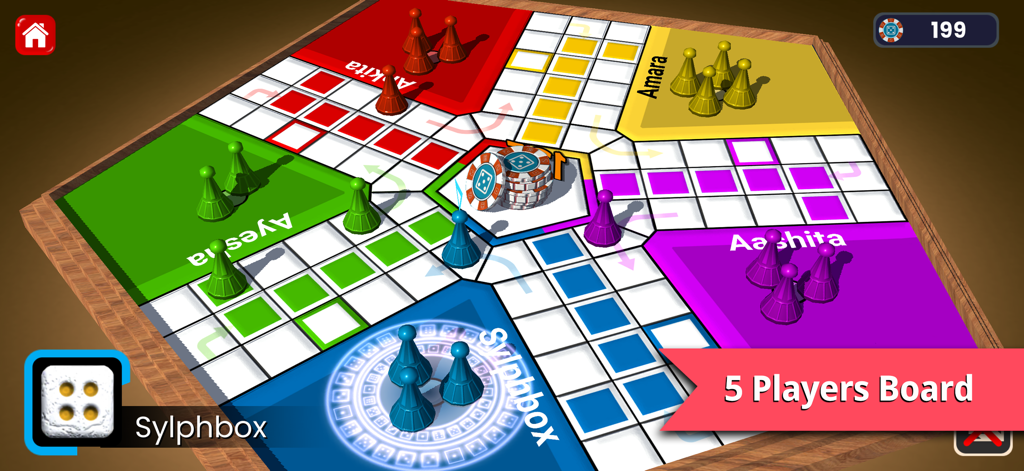 Ultimate Ludo 3D & Dice Board - A 3D pentagon shaped ludo board for 5 players with colorful tokens