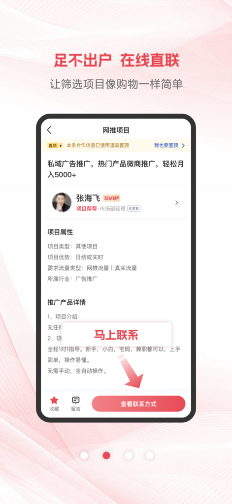 项目帮帮-全民副业小帮手 - Project Bangbang mobile app screen displaying side hustle details and a contact button for online promotion work