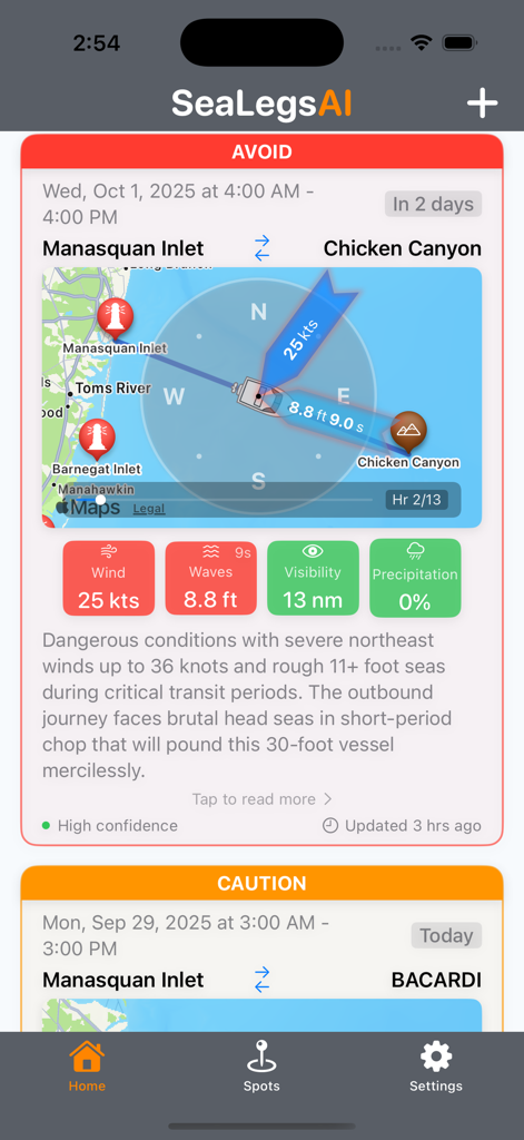 SeaLegs AI - Interfaz de pronóstico meteorológico marino que muestra análisis de viajes con IA con recomendaciones de seguridad de viento y oleaje