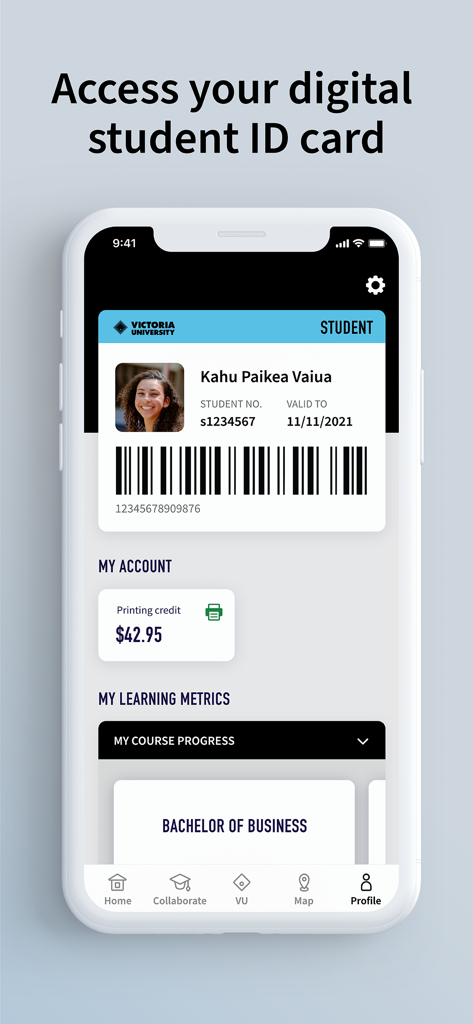Digital student ID card displayed on the Victoria University mobile app