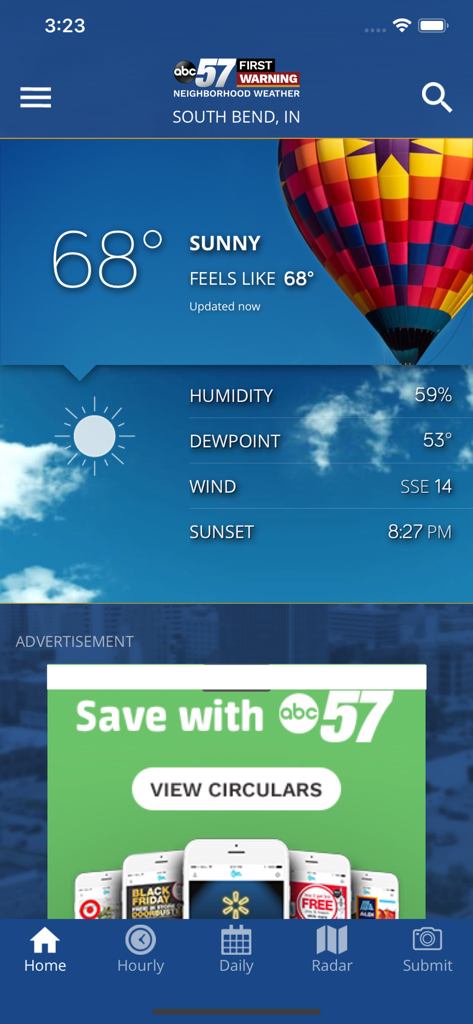 ABC 57 Weather app home screen showing sunny 68 degree forecast in South Bend Indiana