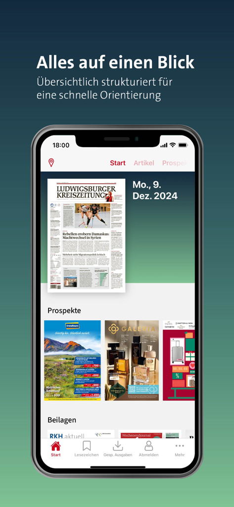 Screenshot der LKZ e-paper App Hauptbildschirm mit digitaler Zeitungsreplik und lokalen Werbeprospekten.